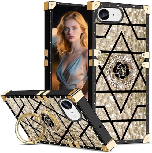 Ephoou Schutzhülle für Apple 16e/iPhone 16e, 15,5 cm (6,1 Zoll), Nieten-Design, Metall-Eck-Design, mit glitzernden Blumen, Diamantring, Ständer für iPhone 16e, 15,5 cm (6,1 Zoll), BF-Gold von Ephoou
