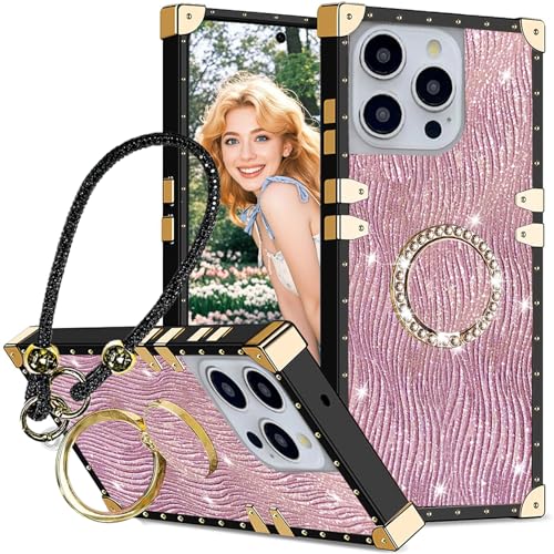 Ephoou Schutzhülle für Apple iPhone 16 Pro Max mit Diamant-Ring-Ständer und funkelndem Armband, stoßfest, luxuriös, glitzernde Strasssteine, Wasserwellen, Rosa von Ephoou