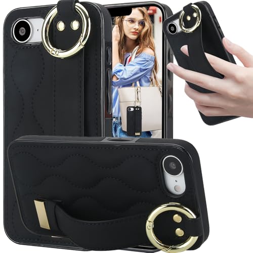 Ephoou Schutzhülle für Apple iPhone 16e (nicht 16), Fingerschlaufen-Ring, Handgelenkband, mit Schlüsselanhänger, verstellbarer Armbandhalter, Ständer, PU-Leder, iPhone 16e, ZHD-Schwarz von Ephoou