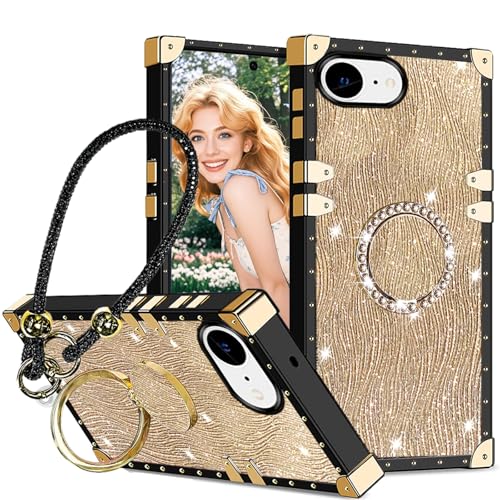 Ephoou Schutzhülle für Apple iPhone 16e mit Diamant-Ring-Ständer und funkelndem Armband, stoßfest, luxuriös, glitzernde Strasssteine, Wasserwellen, Gold von Ephoou