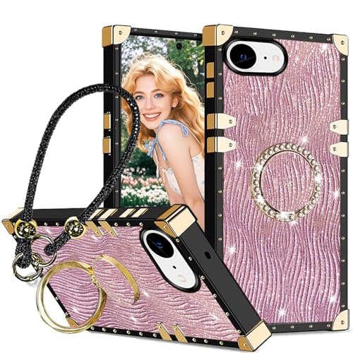 Ephoou Schutzhülle für Apple iPhone 16e mit Diamant-Ring-Ständer und funkelndem Armband, stoßfest, luxuriös, glitzernde Strasssteine, Wasserwellen, Rosa von Ephoou