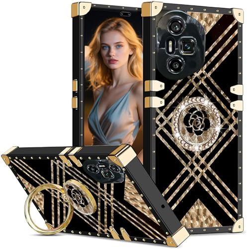 Ephoou Schutzhülle für Honor 300 Ultra für Damen und Mädchen, Nieten-Design, Metall-Eck-Design, mit glitzernden Blumen, Diamant-Ring, Ständer, für Honor 300 Ultra 17,2 cm (6,8 Zoll), BF-Schwarz von Ephoou