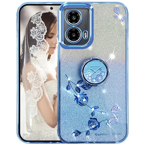 Ephoou Schutzhülle für Motorola Edge 50 Fusion, dünn, mit Glitzer, glitzernd, Blumen-Design, weiches Silikon, mit Ringständer, für Motorola Edge 50 Fusion, Blau von Ephoou