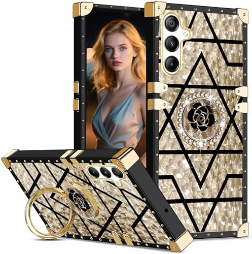 Ephoou Schutzhülle für Samsung Galaxy A16, 17 cm (6,7 Zoll), Nieten-Design, Metall-Ecken-Design, mit glitzernden Blumen, Diamantring, Ständer für Samsung A16, 17 cm (6,7 Zoll), BF-Gold von Ephoou