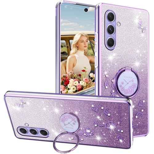 Ephoou Schutzhülle für Samsung Galaxy A56 5G mit Ringständer, glitzernde Diamant-Blumen, Blumen-Glitzer-Design, transparent, weiches TPU-Silikon, Schutzhülle für Samsung A56, HSF, Violett von Ephoou