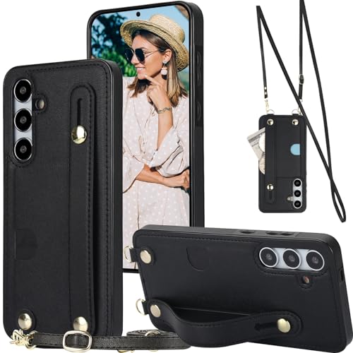 Ephoou Schutzhülle für Samsung Galaxy S24+ Plus (nicht S24) zum Umhängen mit Handschlaufe, abnehmbarem, verstellbarem Schulterband, PU-Leder mit Geldfach für Samsung Galaxy S24 Plus XK-Schwarz von Ephoou