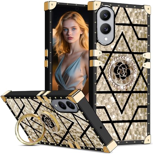 Ephoou Schutzhülle für Samsung Galaxy S25 Edge, für Damen und Mädchen, Nieten-Design, Metall-Eck-Design, mit glitzernden Blumen, Diamant-Ring, Ständer für Samsung S25 Edge 16,9 cm (6,6 Zoll), BF-Gold von Ephoou
