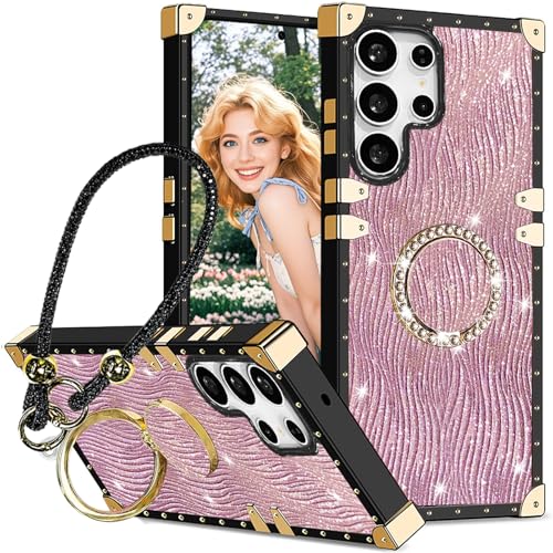 Ephoou Schutzhülle für Samsung Galaxy S25 Ultra mit Diamant-Ring-Ständer und funkelndem Armband, stoßfest, luxuriös, glitzernde Strasssteine, Wasserwellen, Rosa von Ephoou