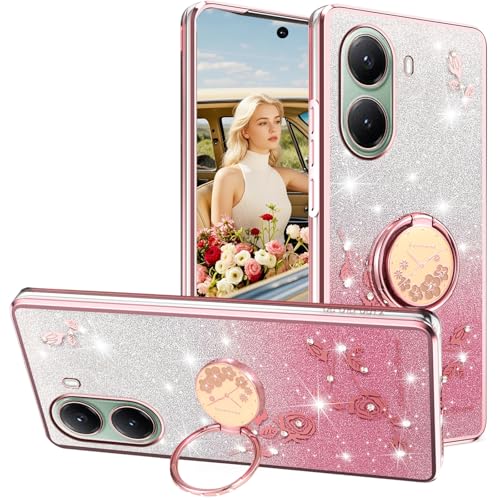 Ephoou Schutzhülle für Xiaomi Poco X7 Pro mit Ringständer, glitzernde Diamanten, Blumen, Glitzer-Design, transparent, weiches TPU-Silikon, Schutzhülle für Xiaomi Poco X7 Pro HSF, Rosa von Ephoou