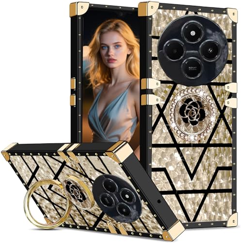 Ephoou Schutzhülle für Xiaomi Redmi 14C / Poco C75 / Redmi A4 / Redmi A3 Pro für Damen und Mädchen, Nieten-Metall-Eck-Design, mit glitzernden Blumen, Diamantring, Kickstand für Redmi 14C 17,5 cm (6,9 von Ephoou