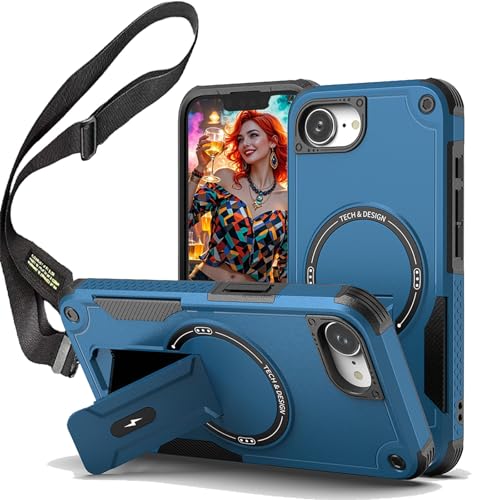 Ephoou Strapazierfähige Schutzhülle für Apple iPhone 16e mit magnetischem Ständer, stoßfeste Abdeckung, kompatibel mit MagSafe, verstellbarer Schultergurt und Umhängeband für iPhone 16e, DJ-Blau von Ephoou