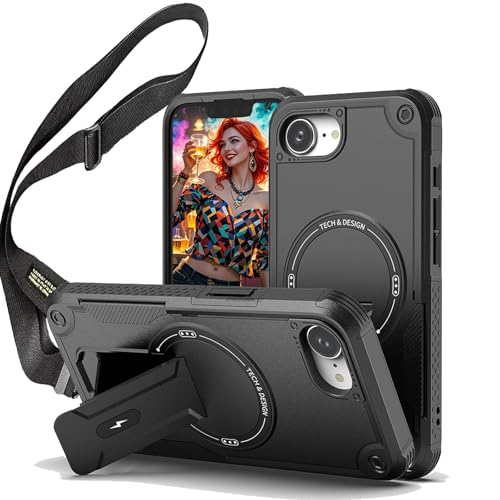 Ephoou Strapazierfähige Schutzhülle für Apple iPhone 16e mit magnetischem Ständer, stoßfeste Abdeckung, kompatibel mit MagSafe, verstellbarer Schultergurt und Umhängeband für iPhone 16e, DJ-Schwarz Ephoou Strapazierfähige Schutzhülle für Apple iPhone 16e mit magnetischem Ständer, stoßfeste Abdeckung, kompatibel mit MagSafe, verstellbarer Schultergurt und Umhängeband für iPhone 16e, DJ-Schwarz von Ephoou