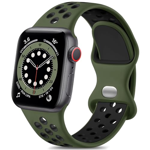 Epova Sport Armband Kompatibel mit Apple Watch Armband 38mm 40mm 41mm, Atmungsaktives Weiches Silikon Ersatz Armband Kompatibel mit iWatch SE Series 9 8 7 6 5 4 3 2 1, Militärgrün/Schwarz von Epova