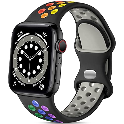 Epova Sport Armband Kompatibel mit Apple Watch Armband 38mm 40mm 41mm, Atmungsaktives Weiches Silikon Ersatz Armband Kompatibel mit iWatch SE Series 9 8 7 6 5 4 3 2 1, Schwarz/Regenbogen von Epova