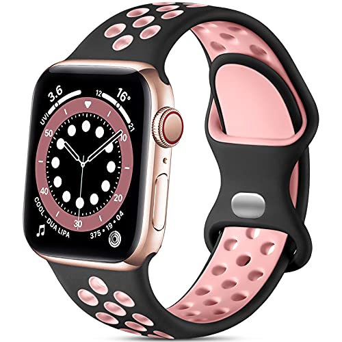 Epova Sport Armband Kompatibel mit Apple Watch Armband 38mm 40mm 41mm, Atmungsaktives Weiches Silikon Ersatz Armband Kompatibel mit iWatch SE Series 9 8 7 6 5 4 3 2 1, Schwarz/Rosa von Epova