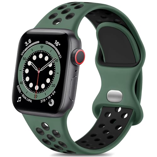 Epova Sport Armband Kompatibel mit Apple Watch Armband 38mm 40mm 41mm, Atmungsaktives Weiches Silikon Ersatz Armband Kompatibel mit iWatch SE Series 9 8 7 6 5 4 3 2 1,KieferGrün/Schwarz von Epova
