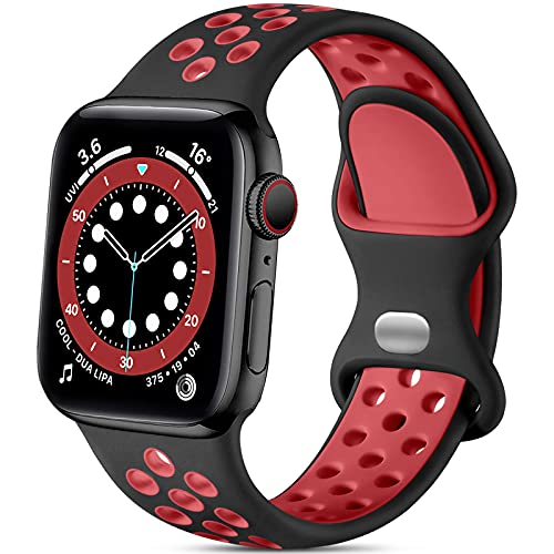 Epova Sport Armband Kompatibel mit Apple Watch Armband 38mm 40mm 41mm, Atmungsaktives Weiches Silikon Ersatz Armband Kompatibel mit iWatch SE Series 9 8 7 6 5 4 3 2 1,Schwarz/Rot von Epova