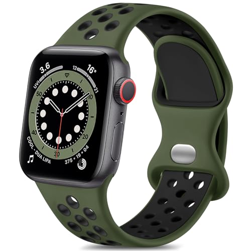 Epova Sport Armband Kompatibel mit Apple Watch Armband 42mm 44mm 45mm 49mm, Atmungsaktives Weiches Silikon Ersatz Armband Kompatibel mit iWatch SE Series 9 8 7 6 5 4 3 2 1 Ultra, Militärgrün/Schwarz von Epova