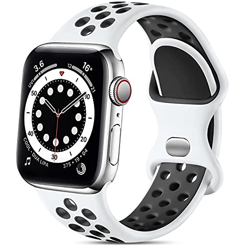 Epova Sport Armband Kompatibel mit Apple Watch Armband 42mm 44mm 45mm 49mm, Atmungsaktives Weiches Silikon Ersatz Armband Kompatibel mit iWatch SE Series 9 8 7 6 5 4 3 2 1 Ultra, Weiß/Schwarz von Epova