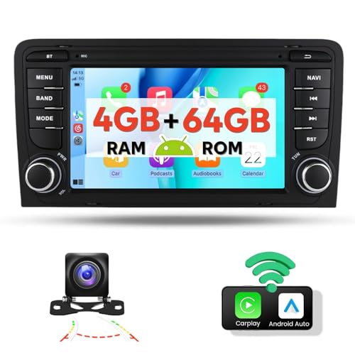4+64G Wireless Apple Carplay & Android Auto Autoradio Bluetooth für Audi A3/S3/RS3 7 Zoll Android Autoradio mit Bildschirm Navi WiFi EQ Mirror Link Doppel Din Touch Display Auto Radio+Rückfahrkamera von Epronic