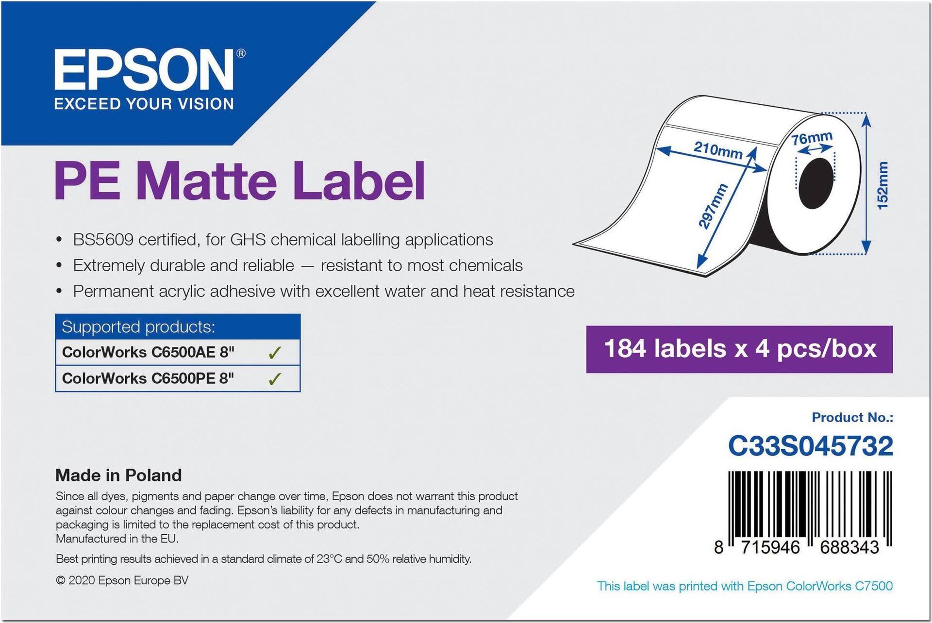 EPSON POS PE Matte Label - Die-Cut Roll: 210mm x 297mm, 184 labels (C33S045732) von Epson