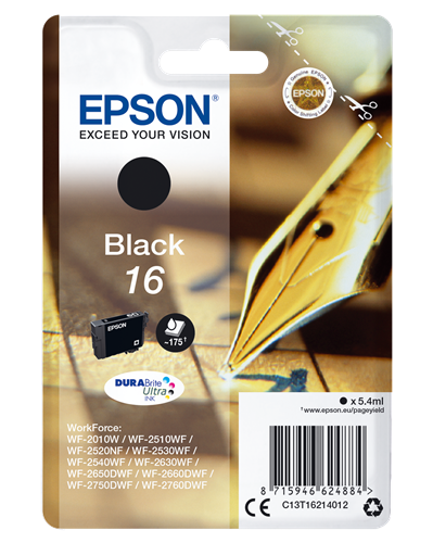Epson 16 - 5,4 ml - Schwarz - Original - Tintenpatrone - für WorkForce WF-2010, 2510, 2520, 2530, 2540, 2630, 2650, 2660, 2750, 2760 (C13T16214012) von Epson