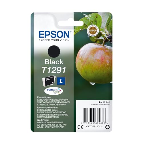 Epson 235M161 Original T1291 Apfel Tinte (SX420W BX320FW SX620FW BX/SX525WD BX625FWD BX305FW B42WD BX925FWD BX635FWD BX535WD SX435/440W BX630FW SX235W WF7015 7515 7525 3010 3520 3540) schwarz, 11,2ml von Epson