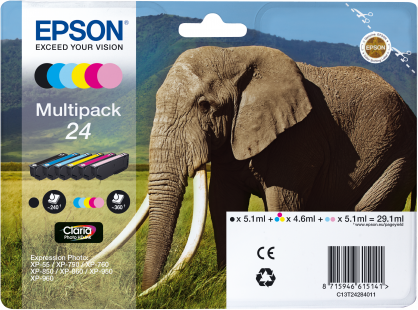 Epson 24 Multipack - 6er-Pack - Schwarz, Gelb, Cyan, Magenta, hell Magenta, hell Cyan - Original - Blisterverpackung - Tintenpatrone - für Expression Photo XP-55, XP-750, XP-760, XP-850, XP-860, XP-950, XP-960 (C13T24284011) Epson 24 Multipack - 6er-Pack - Schwarz, Gelb, Cyan, Magenta, hell Magenta, hell Cyan - Original - Blisterverpackung - Tintenpatrone - für Expression Photo XP-55, XP-750, XP-760, XP-850, XP-860, XP-950, XP-960 (C13T24284011) von Epson