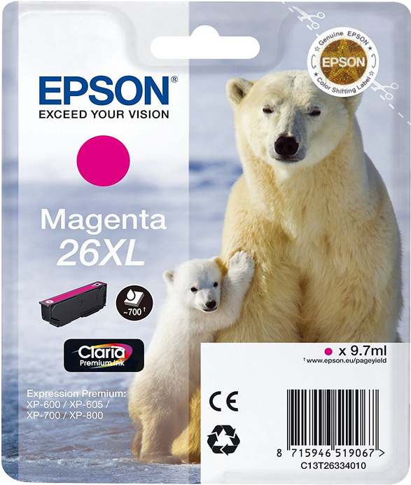 Epson 26XL - 9.7 ml - XL - Magenta - Original - Blisterverpackung - Tintenpatrone - für Expression Premium XP-510, 520, 600, 605, 610, 615, 620, 625, 700, 710, 720, 800, 810, 820 von Epson