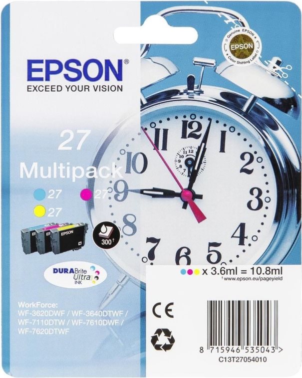 Epson 27 Multi-Pack - 3er-Pack - 10,8 ml - Gelb, Cyan, Magenta - Original - Tintenpatrone - für WorkForce WF-3620DWF, WF-3640DTWF, WF-7110DTW, WF-7610DWF, WF-7620DTWF (C13T27054012) von Epson