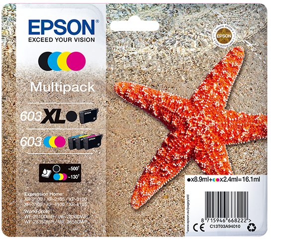 Epson 603 Multipack - 4er-Pack - Schwarz, Gelb, Cyan, Magenta - original - Blisterverpackung - Tintenpatrone - für Expression Home XP-2150, 2155, 3150, 3155, 4150, 4155, WorkForce WF-2820, 2840, 2845, 2870 Epson 603 Multipack - 4er-Pack - Schwarz, Gelb, Cyan, Magenta - original - Blisterverpackung - Tintenpatrone - für Expression Home XP-2150, 2155, 3150, 3155, 4150, 4155, WorkForce WF-2820, 2840, 2845, 2870 von Epson