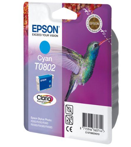 Epson Claria Photographic Ink Tintenpatrone für Tintenstrahldrucker Tintenpatrone Cyan T0802 (Cyan, 1 ml, 24,6 cm, 11,6 cm, 14,5 cm von Epson