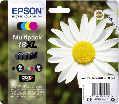 Epson Druckerpatrone T1816 18XL Original Kombi-Pack Schwarz, Cyan, Magenta, Gelb C13T18164012 von Epson