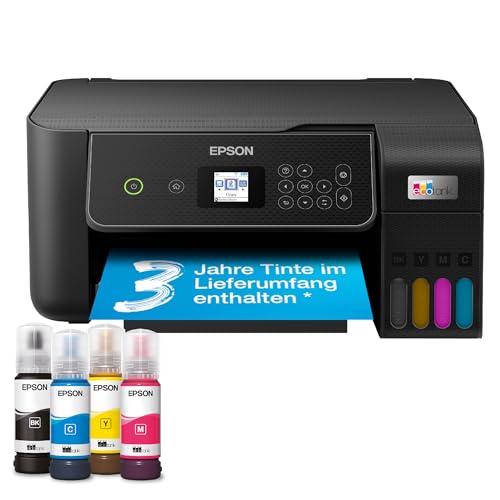 Epson EcoTank ET-2870 Multifunktionsdrucker 3-in-1 A4, nachfüllbare Tanks mit hoher Kapazität, 4 Flaschen mit je 3600 Seiten B/N 6500 Seiten Farbe, LCD-Display, USB, Wi-Fi/Direct beidseitig, Schwarz von Epson