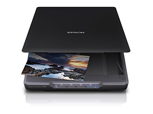 Epson Flachbettscanner Perfection V39, kompakter A4 Scanner mit integriertem Ständer für vertikales Scannen, Tischscanner für Fotos und Dokumente, mit Bildbearbeitung, schwarz/silber von Epson