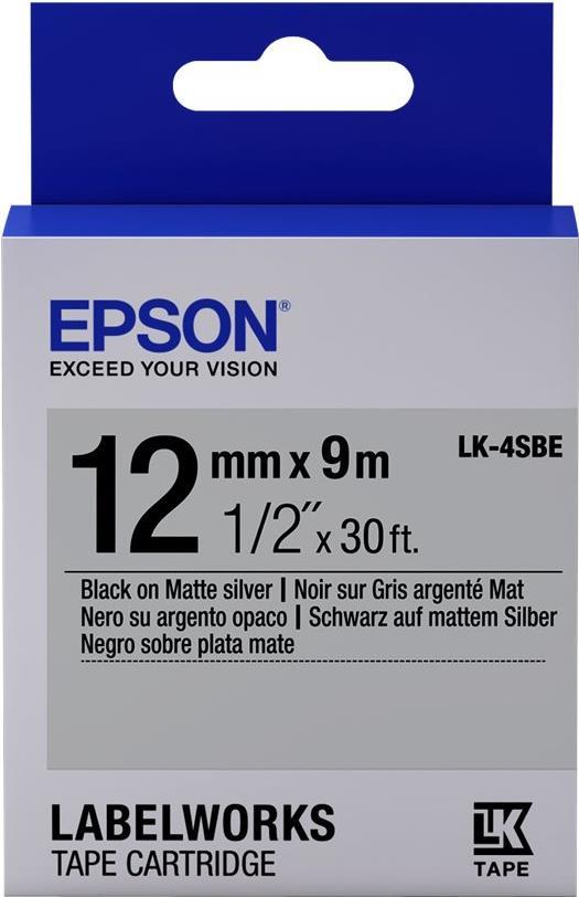 Epson LabelWorks LK-4SBE - Schwarz auf Silber (matt) - Rolle (1,2 cm x 2,9 m) 1 Kassette(n) Etikettenband - für LabelWorks LW-1000, 300, 400, 600, 700, 900, K400, Z5000, Z5010, Z700, Z710, Z900 von Epson