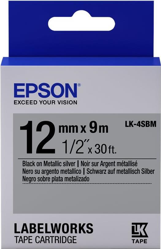 Epson LabelWorks LK-4SBM - Etikettenband - black on metallic silver - Rolle (1,2 cm x 9 m) 1 Rolle(n) - für LabelWorks LW-1000P, LW-300, LW-300L, LW-400, LW-400L, LW-400VP, LW-600P, LW-700, LW-900P (C53S654019) von Epson