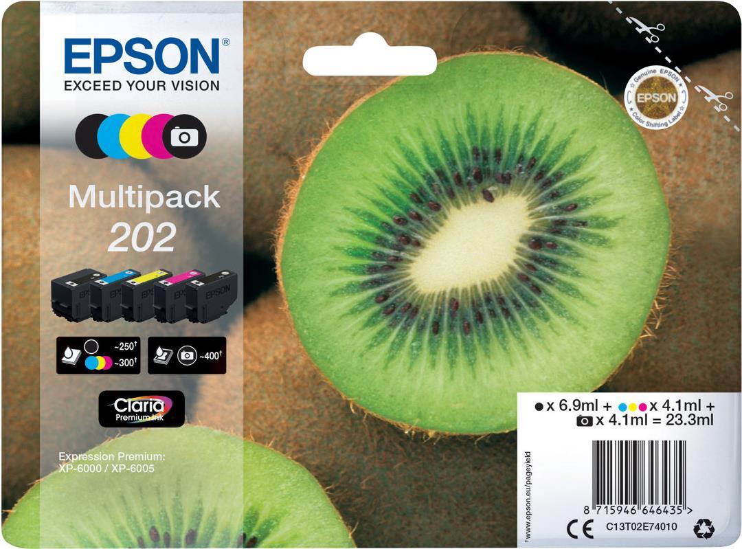 Epson Multipack 202 - 5er-Pack - Schwarz, Gelb, Cyan, Magenta, Photo schwarz - Original - Blisterverpackung - Tintenpatrone (C13T02E74010) von Epson