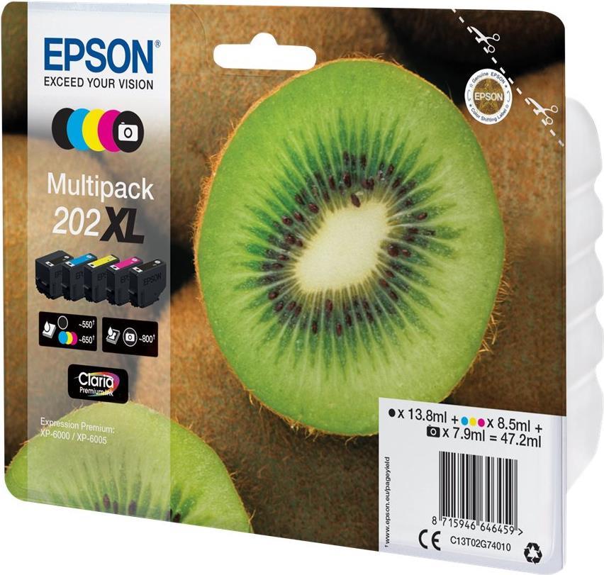 Epson Multipack 202XL - 5er-Pack - High Capacity - Schwarz, Gelb, Cyan, Magenta, Photo schwarz - Original - Blisterverpackung - Tintenpatrone (C13T02G74010) von Epson