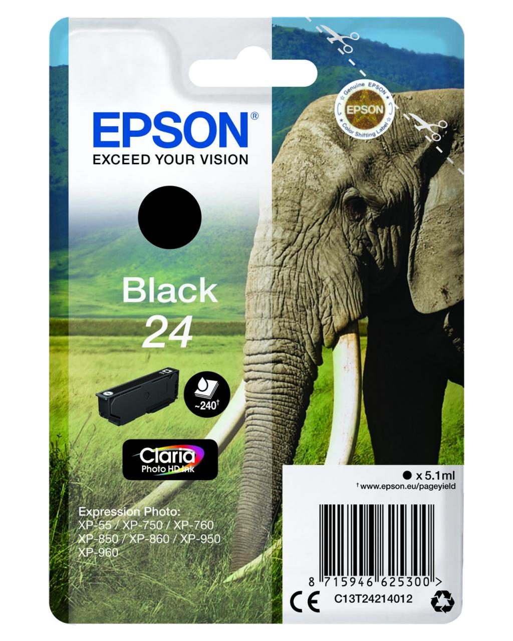 Epson Original 24 Elefant Druckerpatrone schwarz 240 Seiten 5,1ml (C13T24214012) von Epson
