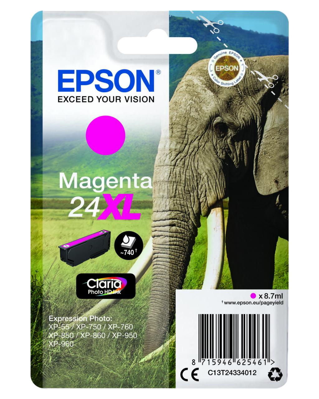 Epson Original 24XL Elefant Druckerpatrone magenta 740 Seiten 9ml (C13T24334012) von Epson