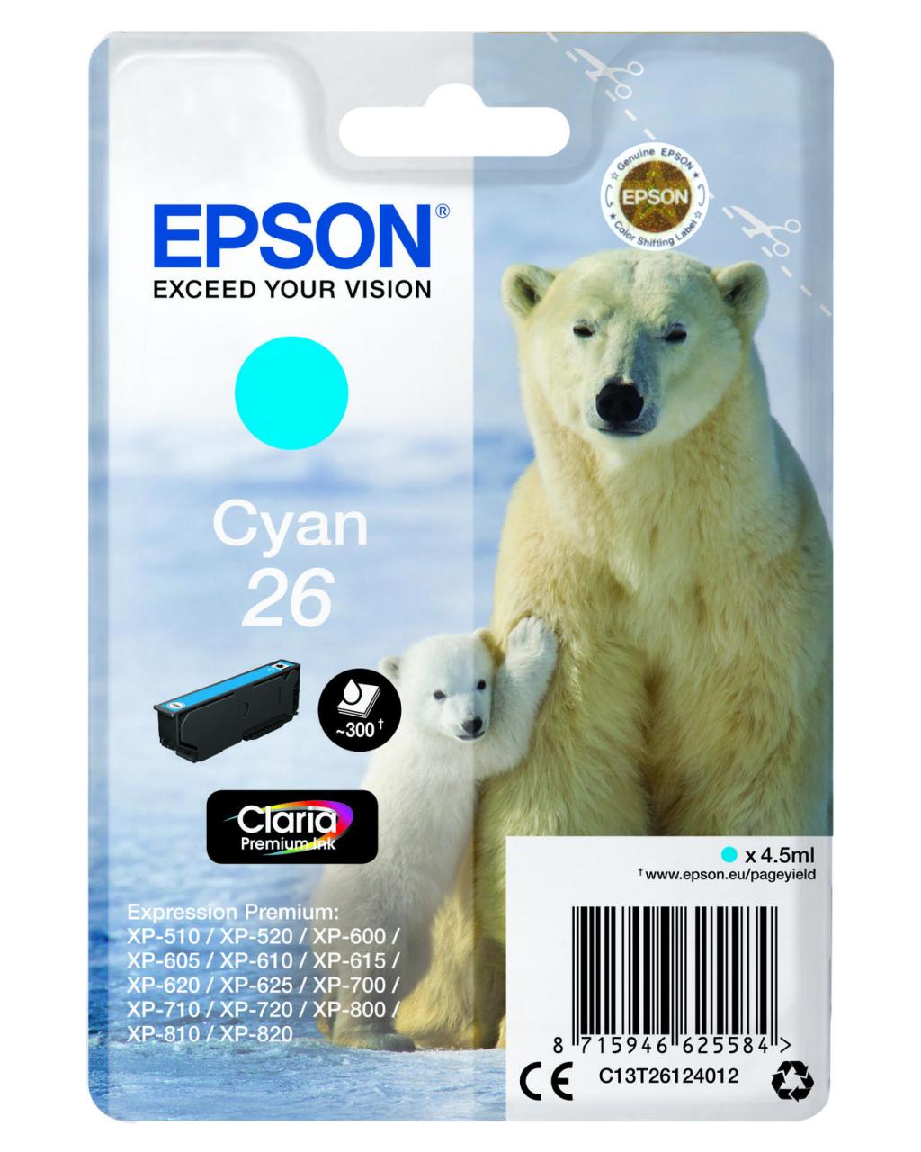 Epson Original 26 Eisbär Druckerpatrone cyan 300 Seiten 4,5ml (C13T26124012) von Epson