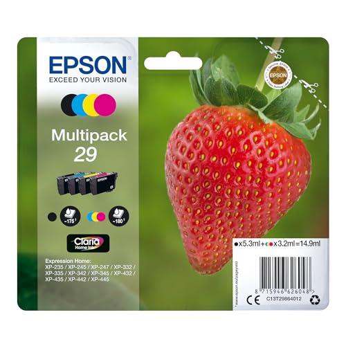 Epson Original 29 Tinte Erdbeere, XP-235 XP-332 XP-335 XP-432 XP-435 XP-245 XP-342 XP-345 XP-442 XP-445 XP-247 XP-257 XP-255 XP-352 XP-355 XP-452 XP-455, (Multipack 4-farbig) von Epson