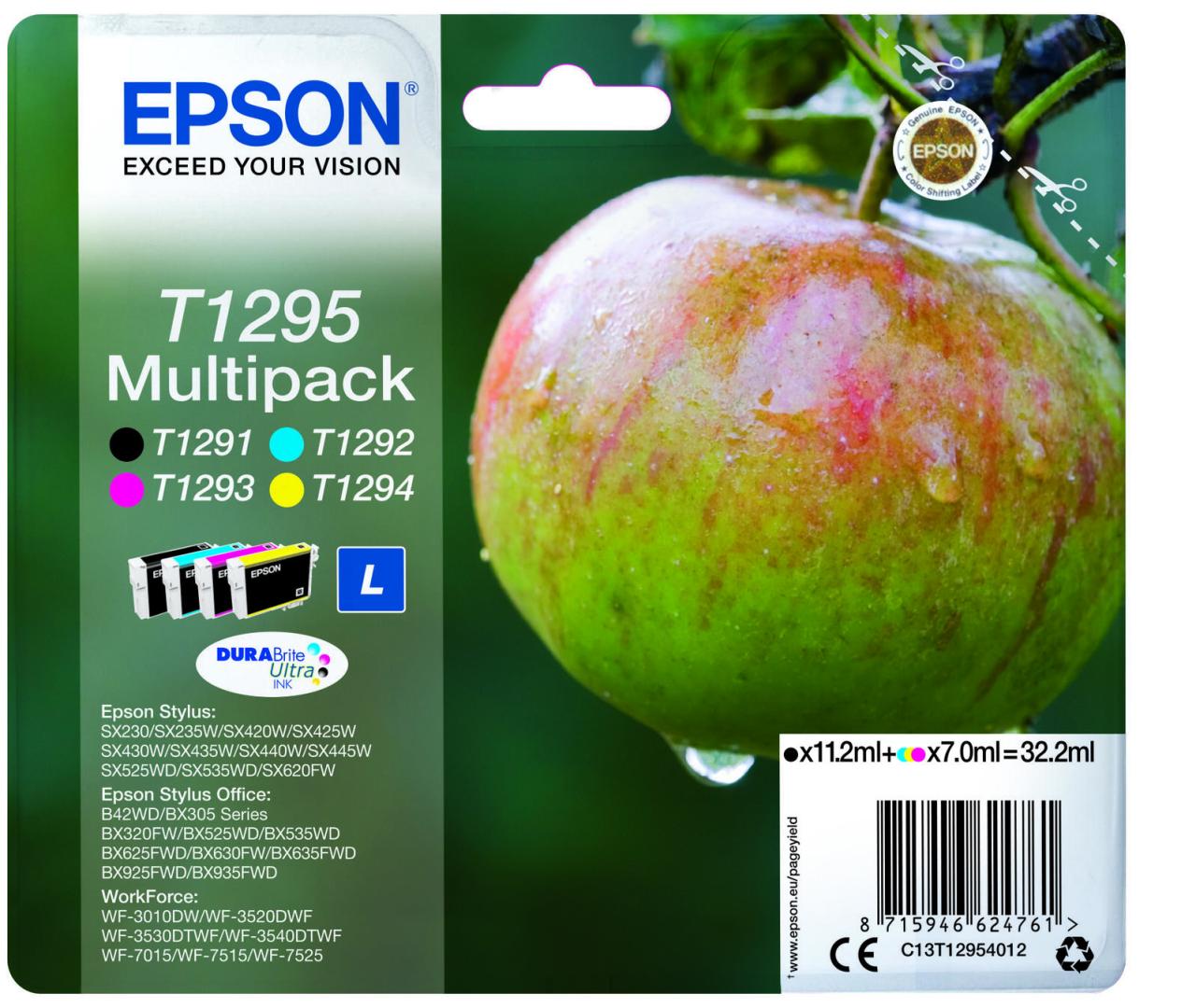 Epson Original T1295 Apfel Druckerpatronen 4er Multipack BK/C/M/Y (C13T12954012) von Epson