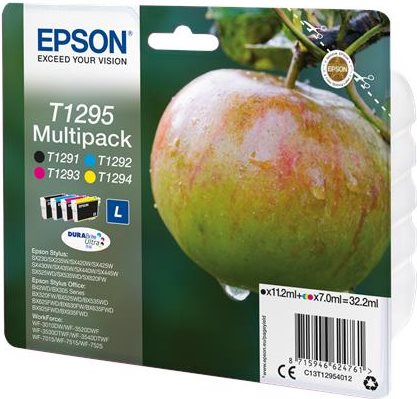 Epson T1295 Multipack - 4er-Pack - 32,2 ml - L-Größe - Schwarz, Gelb, Cyan, Magenta - Original - Tintenpatrone - für Stylus SX230, SX235, SX430, SX438, WorkForce WF-3010, 3520, 3530, 3540, 7015, 7515, 7525 (C13T12954012) Epson T1295 Multipack - 4er-Pack - 32,2 ml - L-Größe - Schwarz, Gelb, Cyan, Magenta - Original - Tintenpatrone - für Stylus SX230, SX235, SX430, SX438, WorkForce WF-3010, 3520, 3530, 3540, 7015, 7515, 7525 (C13T12954012) von Epson
