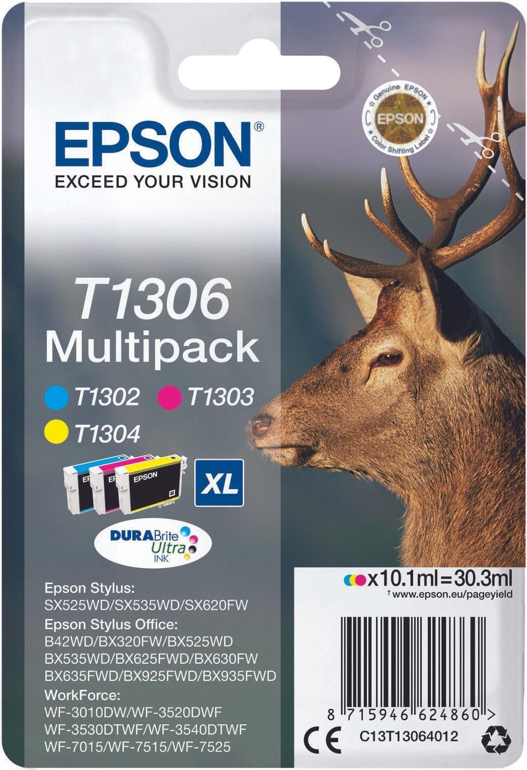 Epson T1306 Multipack - 3er-Pack - 30,3 ml - XL - Gelb, Cyan, Magenta - Original - Tintenpatrone - für Stylus Office BX630, BX635, BX935, WorkForce WF-3010, 3520, 3530, 3540, 7015, 7515, 7525 (C13T13064012) von Epson