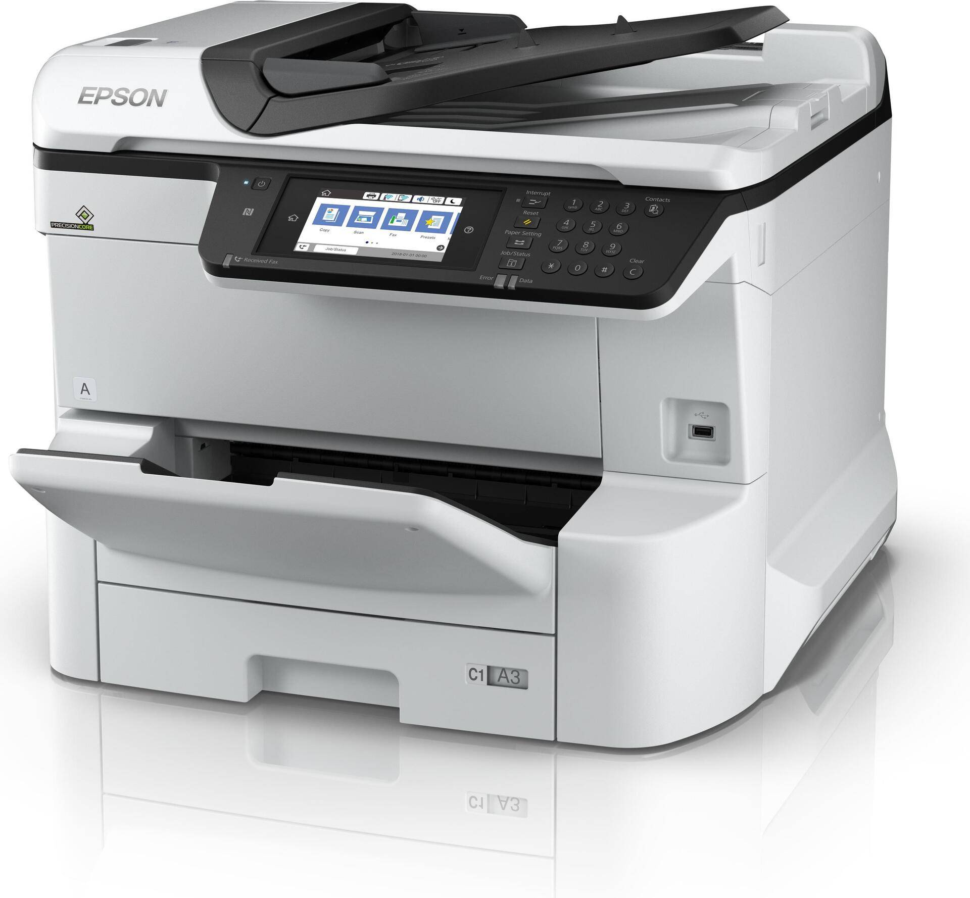 Epson WorkForce Pro WF-C8690DWF - Multifunktionsdrucker - Farbe - Tintenstrahl - A3 (Medien) - bis zu 22 Seiten/Min. (Kopieren) - bis zu 24 Seiten/Min. (Drucken) - 335 Blatt - 33.6 Kbps - Gigabit LAN, USB-Host, NFC, USB 3.0, USB 2.0-Host, Wi-Fi(ac) von Epson