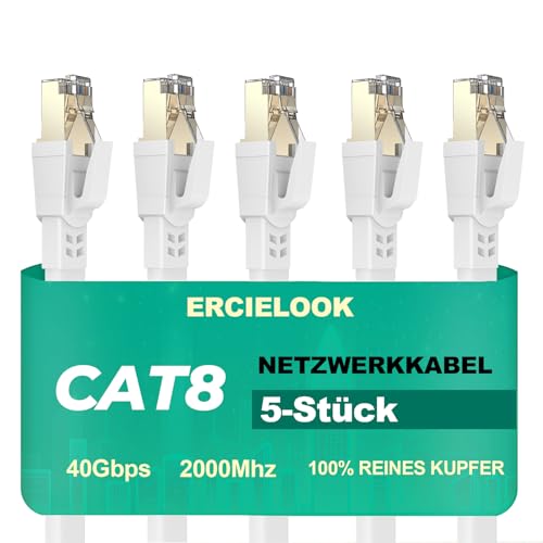 Ercielook Lan Kabel 0,25m-5 Stück - Hochgeschwindigkeits-Cat8-Netzwerkkabel für den Außen- und Innenbereich, 40 Gbit/s mit vergoldetem RJ45-Stecker, wetterfest, UV-beständig für Router/Gaming/Modem von Ercielook