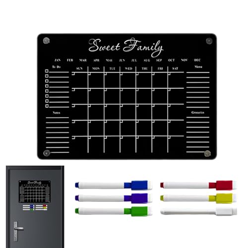 Magnetischer Kalenderplaner für Kühlschrank, magnetische, schwarze, trocken abwischbare Tafel mit 6 löschbaren Markern, Acryl, löschbarer Nachrichtenblock für Küche, 29,7 x 21 cm von Erconsso