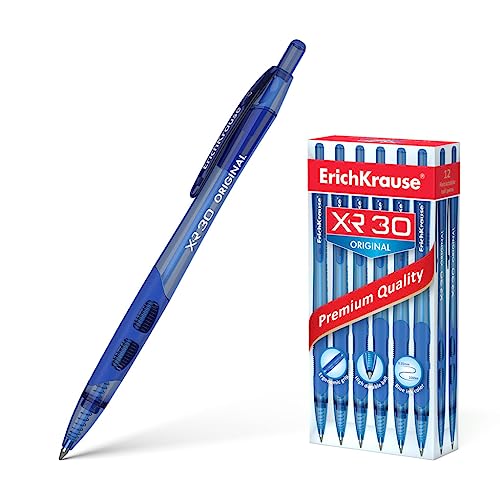 Erich Krause Druckkugelschreiber 0,35mm 12er Pack Blau - einfaches und weiches Schreiben - schlanke Form - Kullis & Schreibtischzubehör - mit Gummigriff - XR-30 Original von Erich Krause